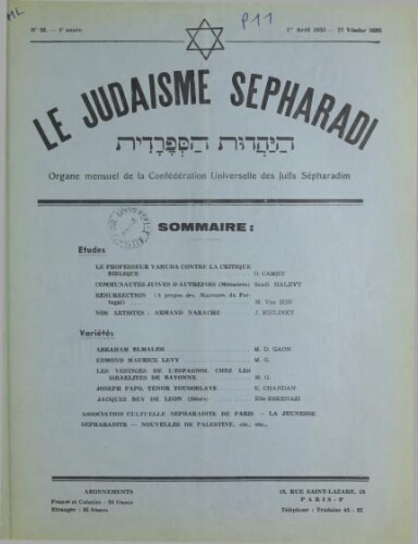 Le Judaïsme Sephardi N°28 (01 avril 1935)